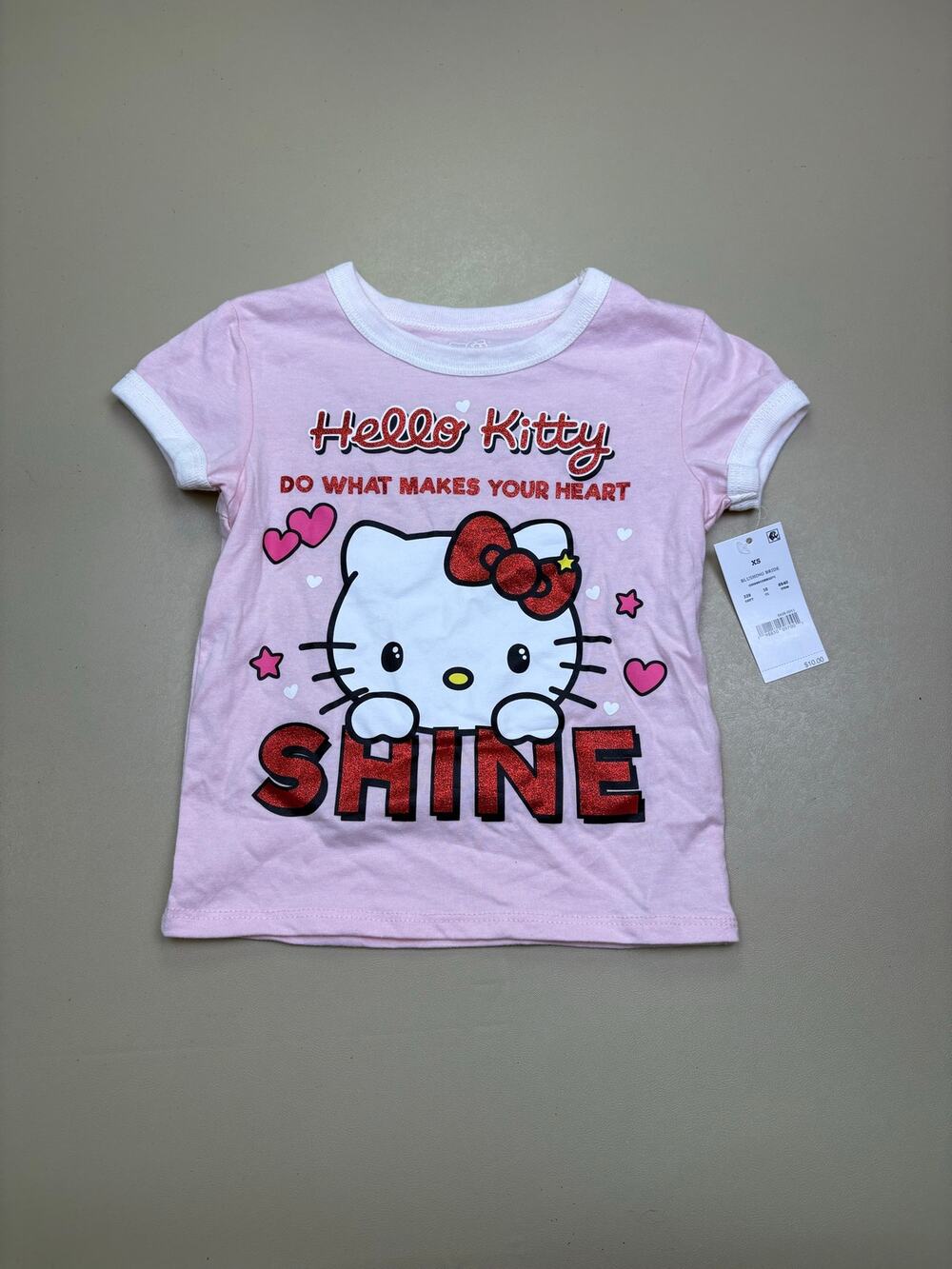 Hello Kitty Girls XS 4/5 Pink Graphic T-Shirt Shine Hearts Sanrio Short Sleeve